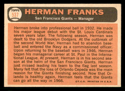 1966 Topps Baseball #537 Herman Franks Giants EX-MT 566740