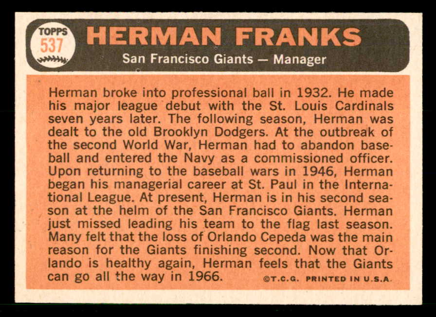 1966 Topps Baseball #537 Herman Franks Giants NR-MT 566741
