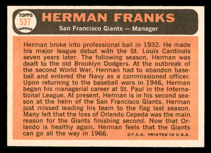 1966 Topps Baseball #537 Herman Franks Giants NR-MT 566741