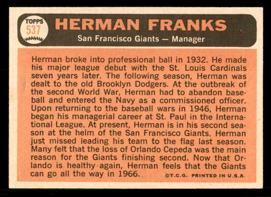 1966 Topps Baseball #537 Herman Franks Giants NR-MT 566742