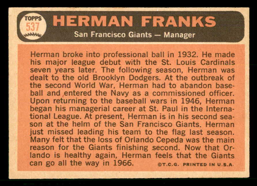1966 Topps Baseball #537 Herman Franks Giants NR-MT 566743
