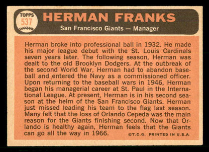 1966 Topps Baseball #537 Herman Franks Giants NR-MT 566743