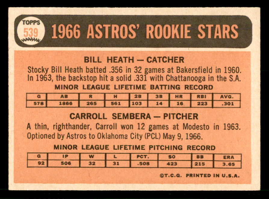 1966 Topps Baseball #539 Bill Heath Astros EX+/EX-MT 566748