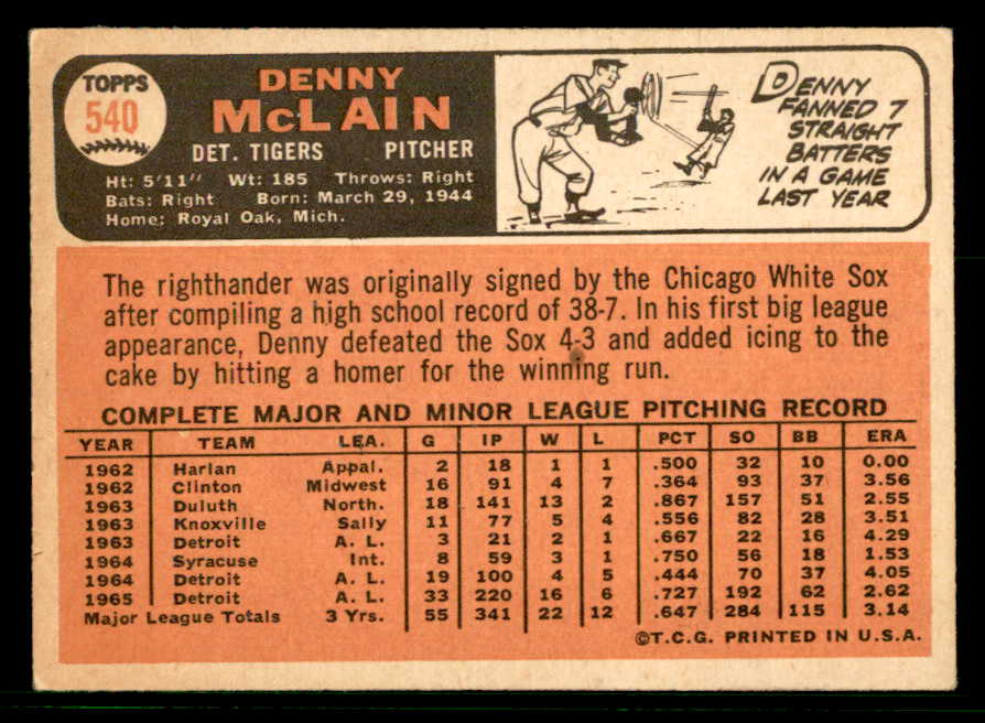 1966 Topps Baseball #540 Denny McLain Tigers EX-MT 566752