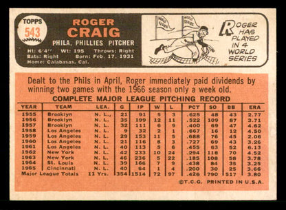 1966 Topps Baseball #543 Roger Craig Phillies NR-MT 566760