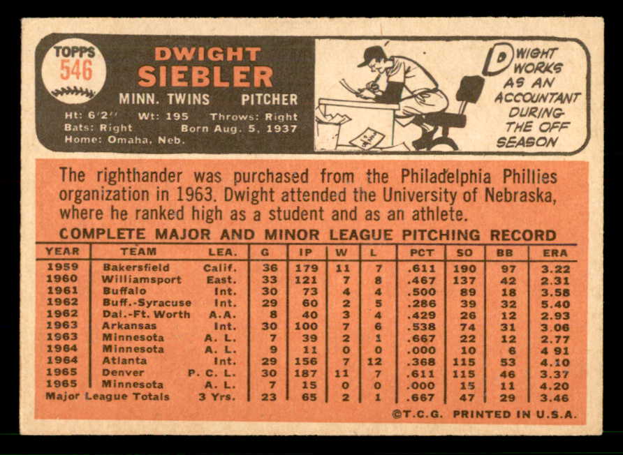 1966 Topps Baseball #546 Dwight Siebler Twins EX-MT 566773