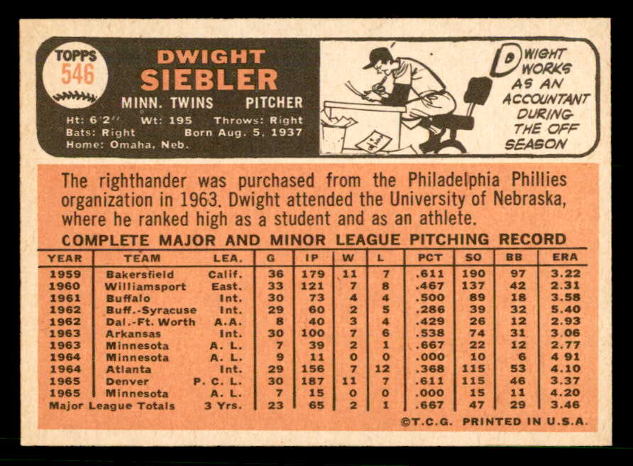 1966 Topps Baseball #546 Dwight Siebler Twins NR-MT 566774