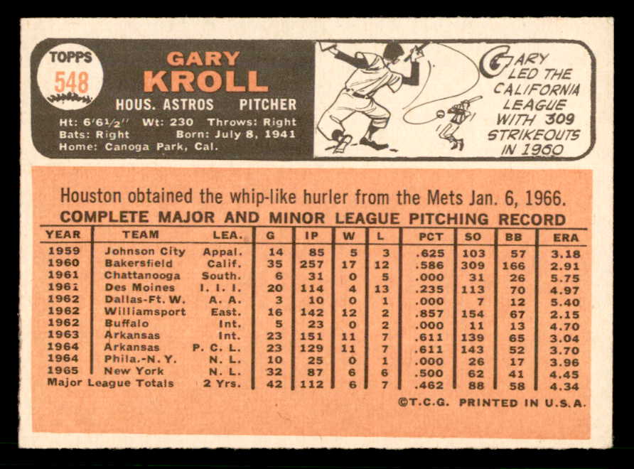 1966 Topps Baseball #548 Gary Kroll Astros EX-MT 566776