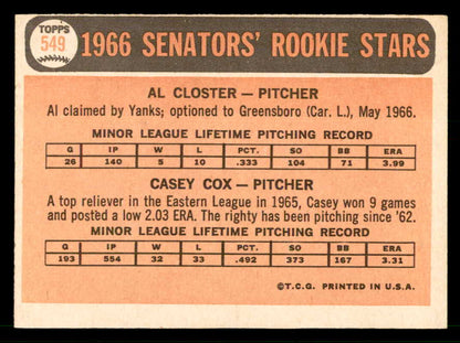 1966 Topps Baseball #549 Casey Cox Senators VG-EX 566780