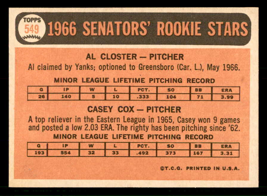 1966 Topps Baseball #549 Casey Cox Senators NR-MT 566783