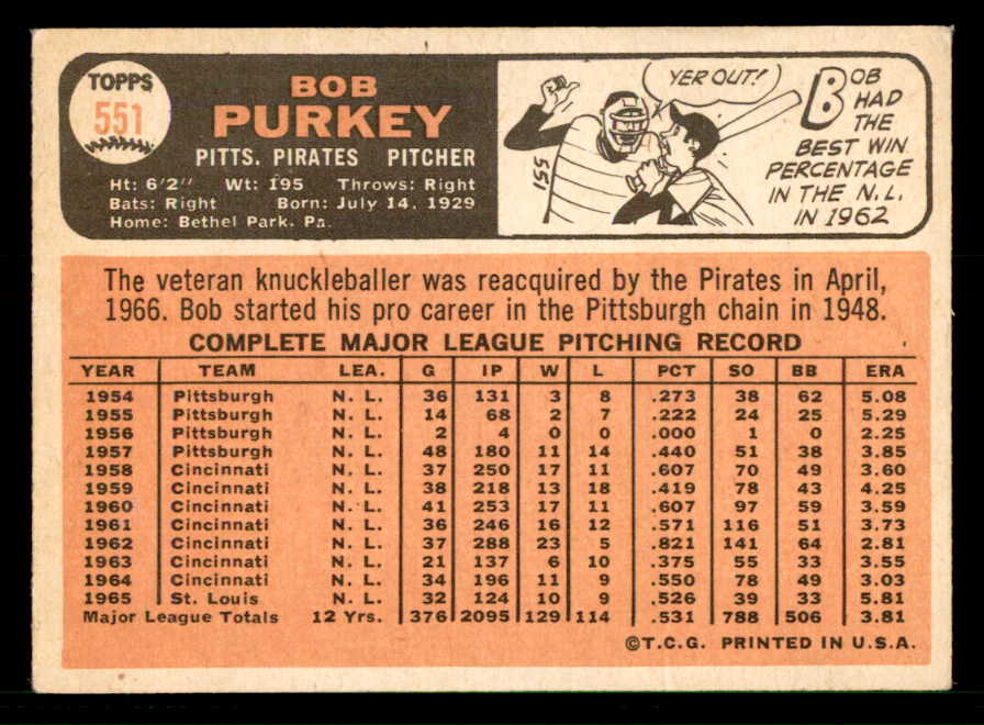 1966 Topps Baseball #551 Bob Purkey Pirates VG-EX 566784