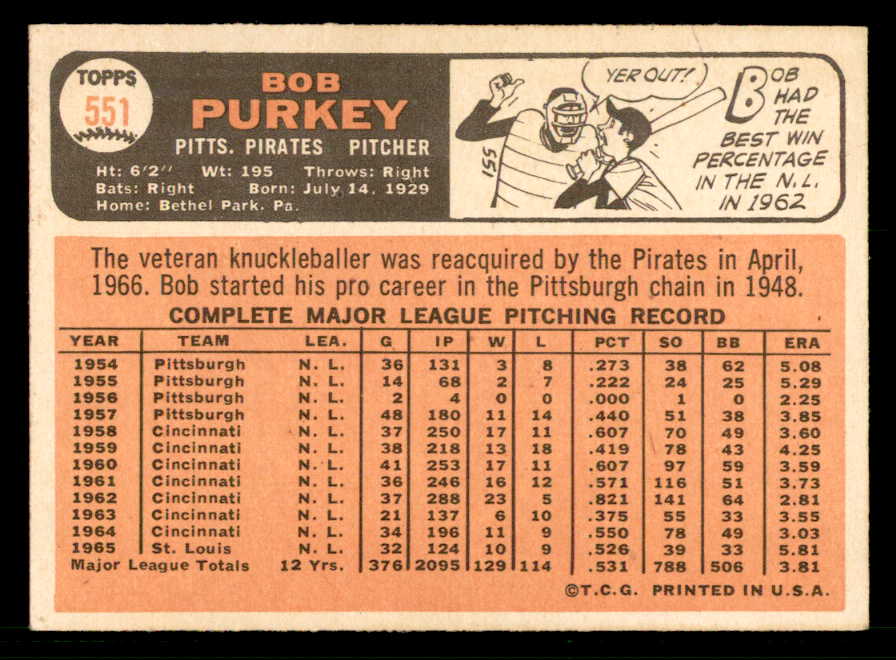 1966 Topps Baseball #551 Bob Purkey Pirates EX+/EX-MT 566786