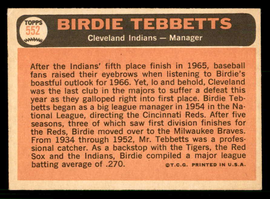 1966 Topps Baseball #552 Birdie Tebbetts Indians EX-MT 566789