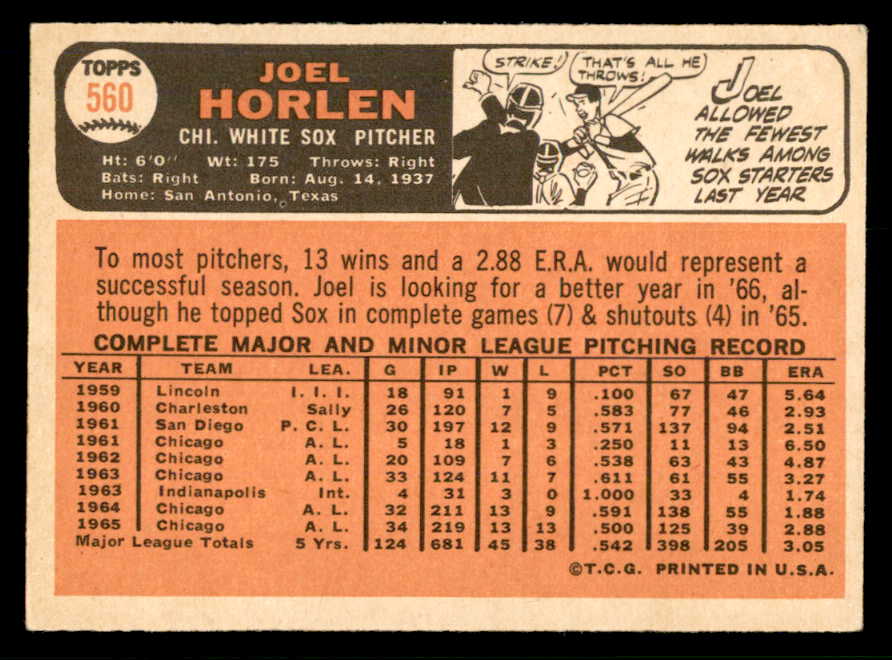 1966 Topps Baseball #560 Joel Horlen White Sox EX+/EX-MT 566819