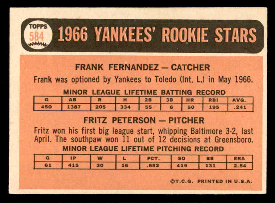 1966 Topps Baseball #584 Fritz Peterson Yankees EX-MT 566906