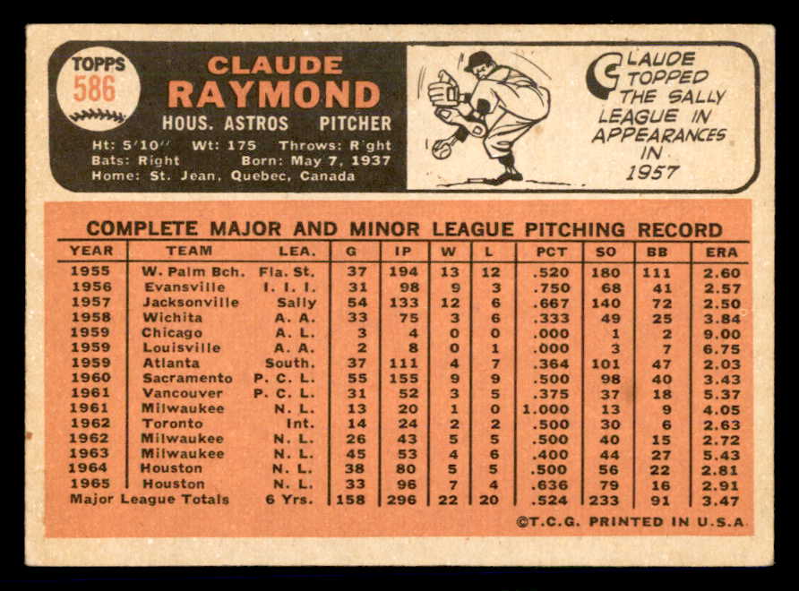 1966 Topps Baseball #586 Claude Raymond Astros EX-MT 566917