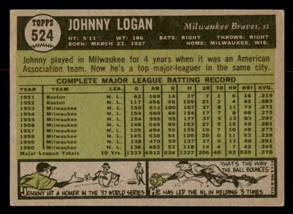 1961 Topps Baseball #524 Johnny Logan Braves NR-MT 566964