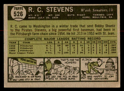 1961 Topps Baseball #526 R.C. Stevens Senators EX 566970