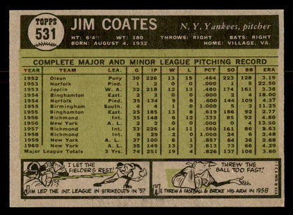 1961 Topps Baseball #531 Jim Coates Yankees EX-MT 566981