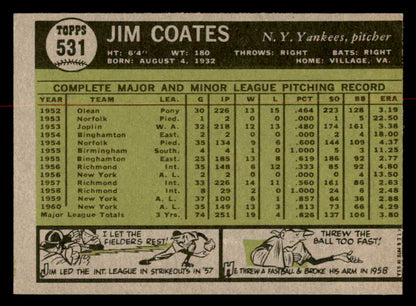 1961 Topps Baseball #531 Jim Coates Yankees EX+/EX-MT 566983