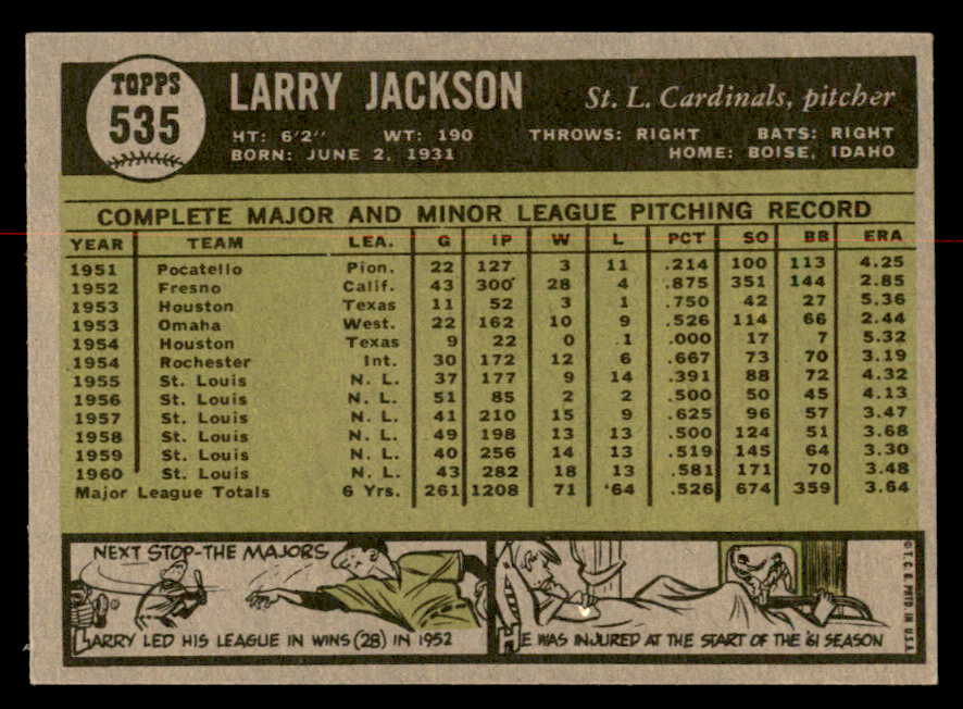 1961 Topps Baseball #535 Larry Jackson Cardinals EX-MT 566993