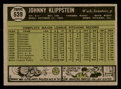 1961 Topps Baseball #539 Johnny Klippstein Senators EX-MT 567002