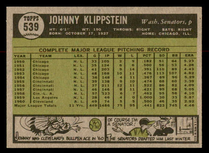 1961 Topps Baseball #539 Johnny Klippstein Senators EX-MT 567003
