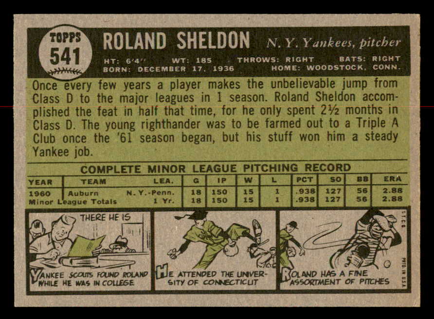 1961 Topps Baseball #541 Roland Sheldon Yankees NR-MT 567008