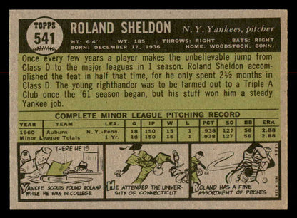 1961 Topps Baseball #541 Roland Sheldon Yankees NR-MT 567008