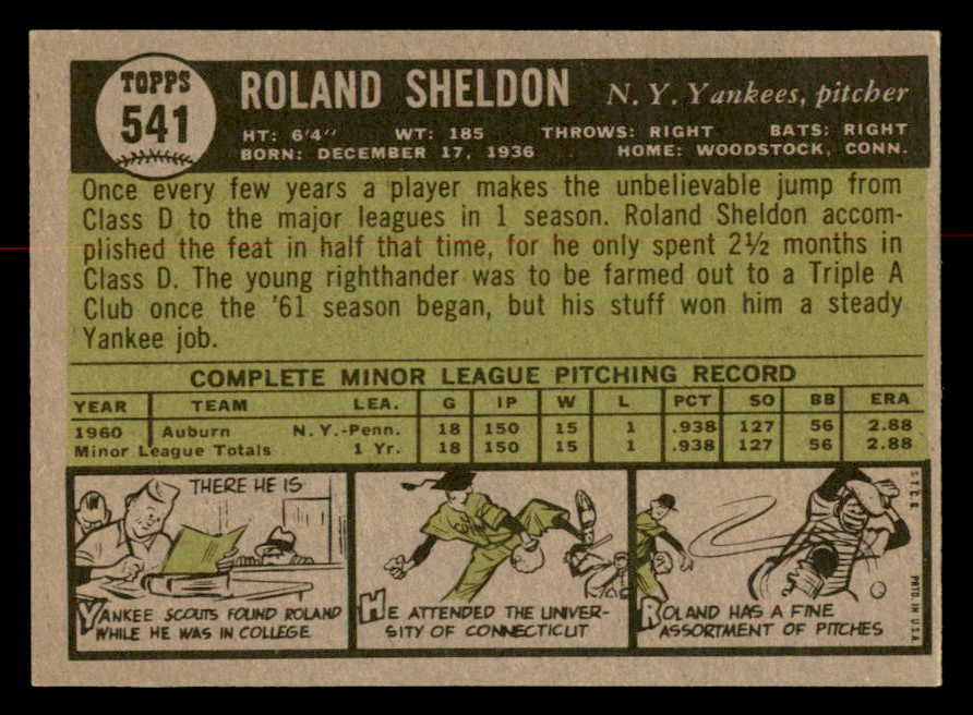 1961 Topps Baseball #541 Roland Sheldon Yankees EX-MT 567010