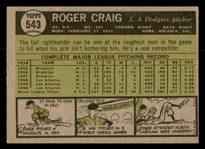 1961 Topps Baseball #543 Roger Craig Dodgers EX-MT 567014