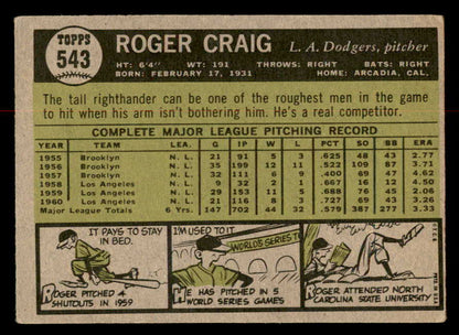 1961 Topps Baseball #543 Roger Craig Dodgers VG-EX 567015