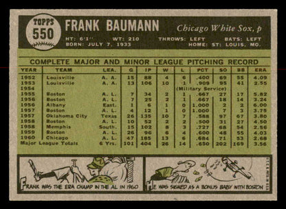 1961 Topps Baseball #550 Frank Baumann White Sox NR-MT 567031