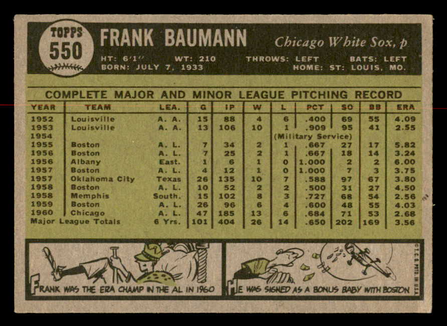 1961 Topps Baseball #550 Frank Baumann White Sox EX-MT 567032