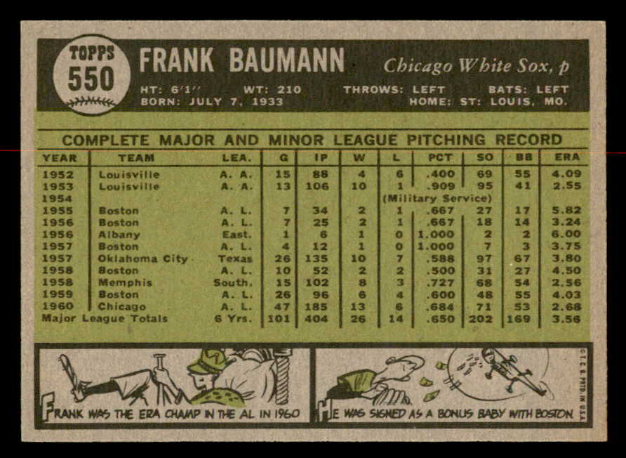 1961 Topps Baseball #550 Frank Baumann White Sox EX-MT 567033