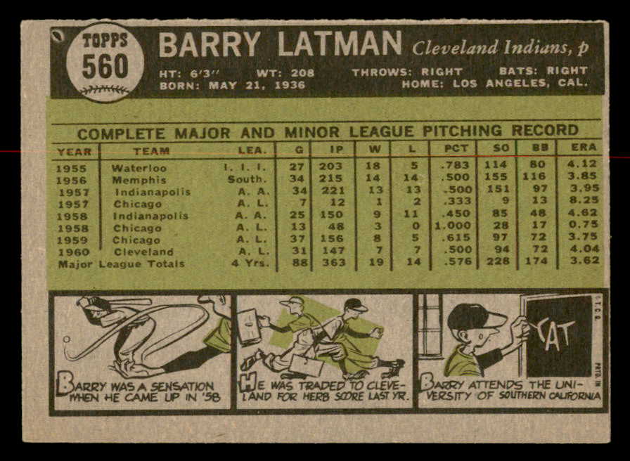1961 Topps Baseball #560 Barry Latman Indians EX 567060