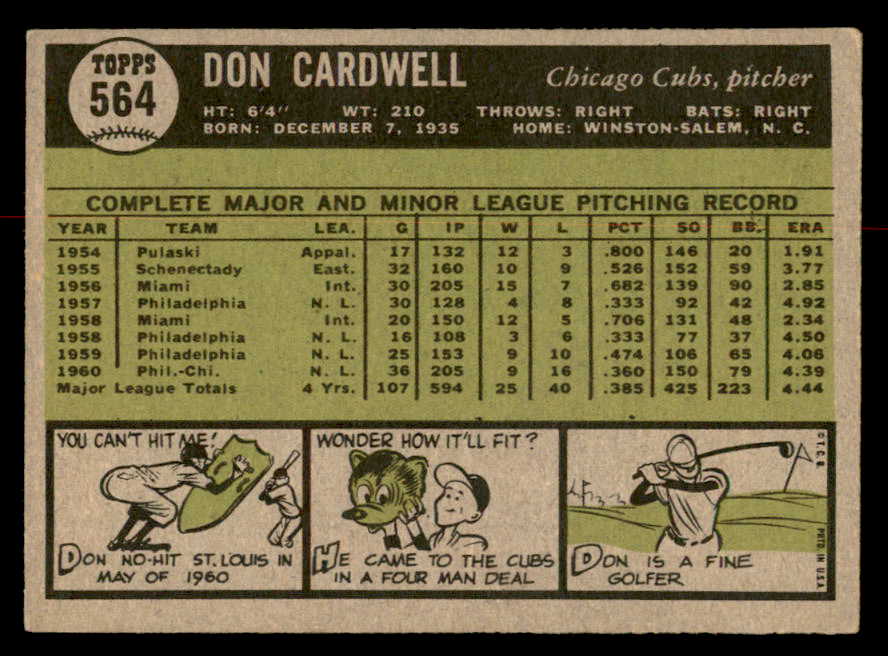 1961 Topps Baseball #564 Don Cardwell Cubs EX+/EX-MT 567072
