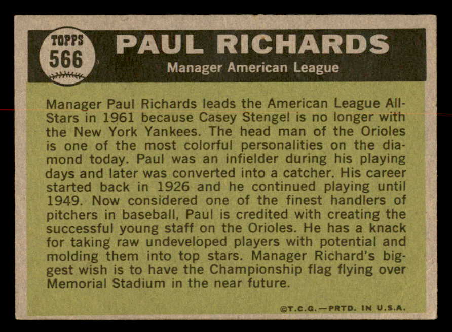 1961 Topps Baseball #566 Paul Richards A.S. Orioles EX+/EX-MT 567076