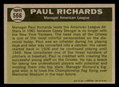 1961 Topps Baseball #566 Paul Richards A.S. Orioles EX+/EX-MT 567076