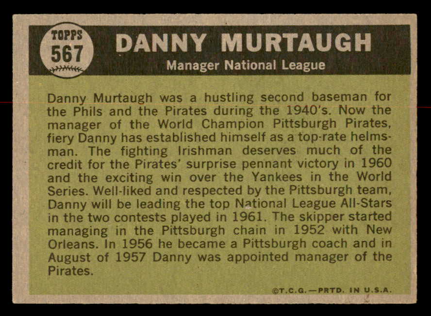 1961 Topps Baseball #567 Danny Murtaugh A.S. Pirates EX-MT 567079