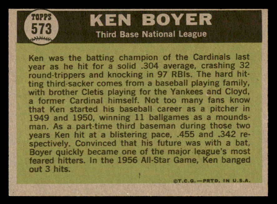1961 Topps Baseball #573 Ken Boyer A.S. Cardinals EX-MT 567090
