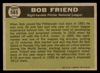 1961 Topps Baseball #585 Bob Friend A.S. Pirates EX-MT 567100