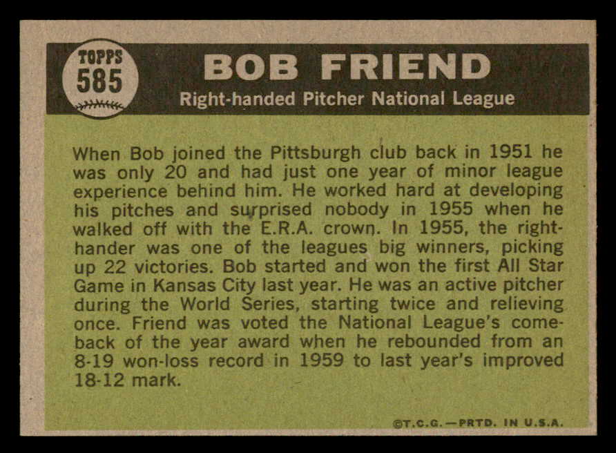 1961 Topps Baseball #585 Bob Friend A.S. Pirates EX-MT 567101