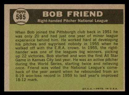 1961 Topps Baseball #585 Bob Friend A.S. Pirates EX-MT 567101