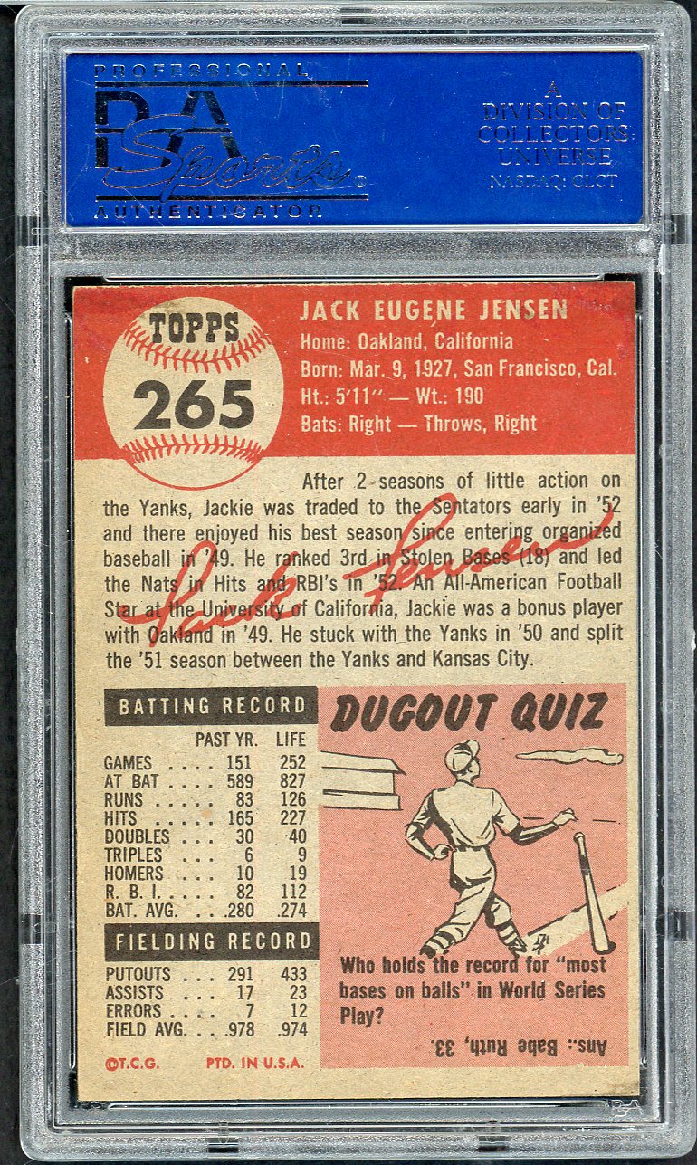 1953 Topps Baseball #265 Jackie Jensen Senators PSA 5 EX 567215