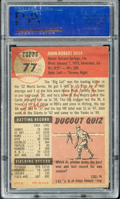 1953 Topps Baseball #077 Johnny Mize Yankees PSA 5 EX 567216