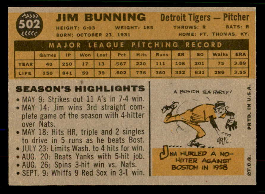1960 Topps Baseball #502 Jim Bunning Tigers EX-MT 567275