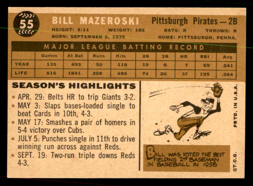1960 Topps Baseball #055 Bill Mazeroski Pirates EX-MT 567277