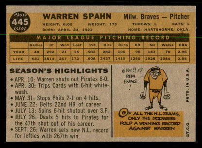 1960 Topps Baseball #445 Warren Spahn Braves EX-MT 567279