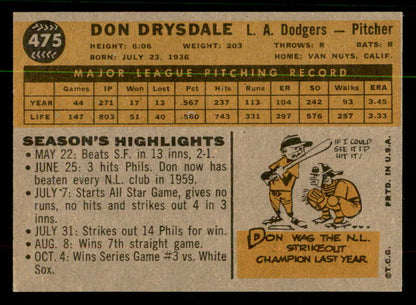 1960 Topps Baseball #475 Don Drysdale Dodgers EX-MT 567280